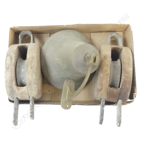 2 OLD WOODEN PULLEYS + VINTAGE BRASS BELL 165mm dia