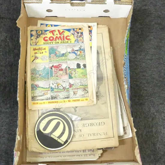 ASST. EPHEMERA; 2 1955 T.V. COMICS, 22 WATERMAN PEN STICKERS 135mm dia, 1936 KING GEORGE V FUNERAL NEWSPAPERS