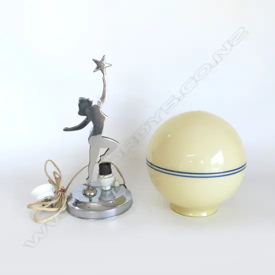 RETRO DECO LADY w STAR CHROME LAMP & DECO GLASS GLOBE LAMPSHADE
