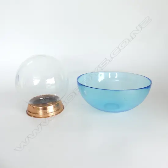 VINTAGE GLOBE GLASS TERRARIUM ON COPPER STAND & LRG BLUE GLASS BOWL
