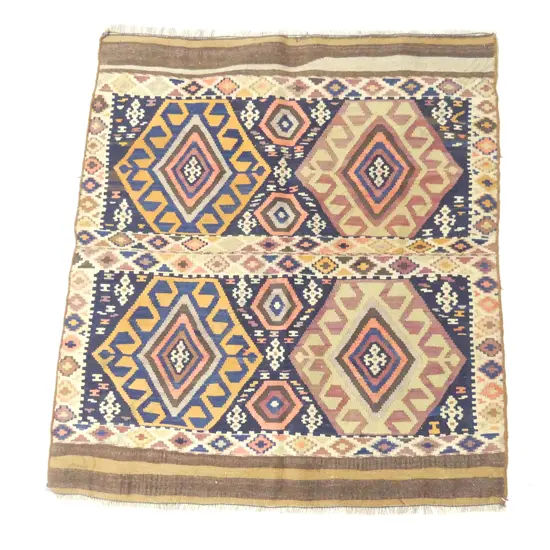 (22) COLLECTOR'S TURKISH HAND WOVEN KELIM RUG all wool 4 diamond medallions 1200 x 1050mm