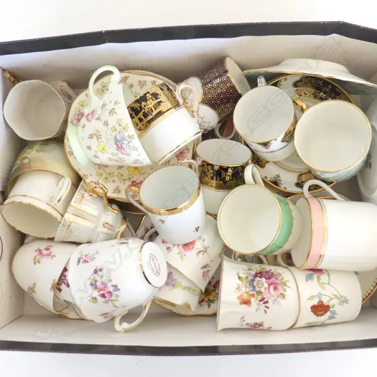 COLLECTION OF ASSTD ENGLISH CHINA DEMI-TASSE CUPS & SAUCERS, VARIOUS PATTERNS & MAKERS