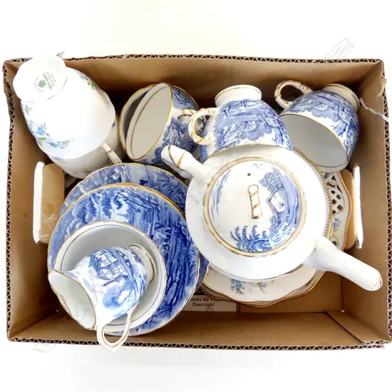 COLLECTION BLUE & WHITE ENG BONE CHINA, INCLDS SUTHERLAND 'RURAL SCENE' TRIOS, TEAPOT, MILK & SUGAR