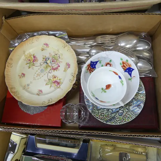 SMALL BOX LOT EP CUTLERY CHINA PLATES C/S BOTTLE STOPPERS ETC