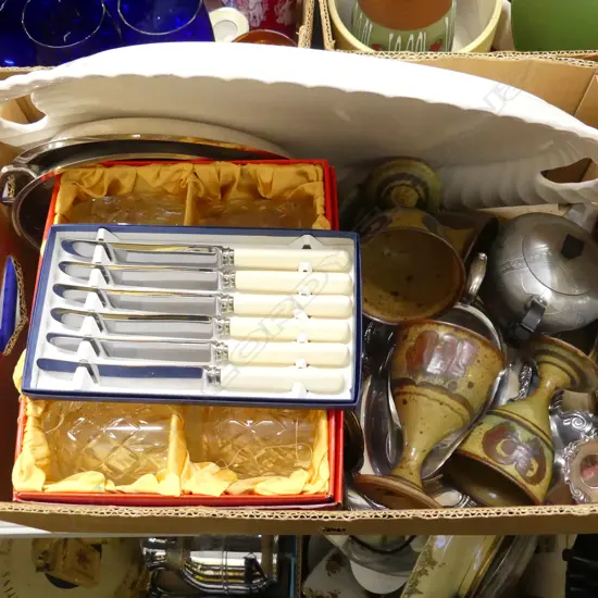ASST EP, 6 POTTERY GOBLETS, LG WHITE PLATTER, 6 BOXED CRYSTAL GLASSES, 6 IVORINE KNIVES ETC