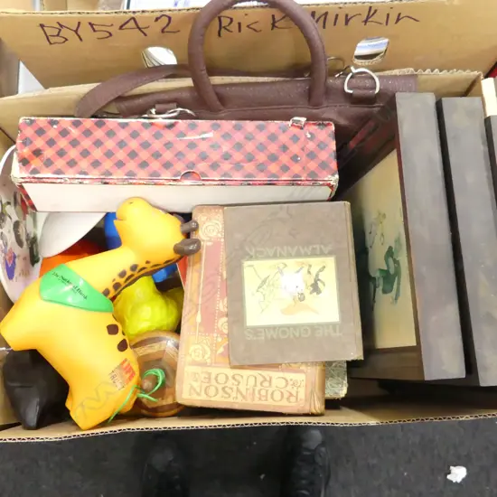 COLLECTION VINTAGE CHILDREN'S BOOKS, MONEY BOXES, NZ WOODS SPINNING TOP, RG LAWRIE BAGPIPE CANTER ETC