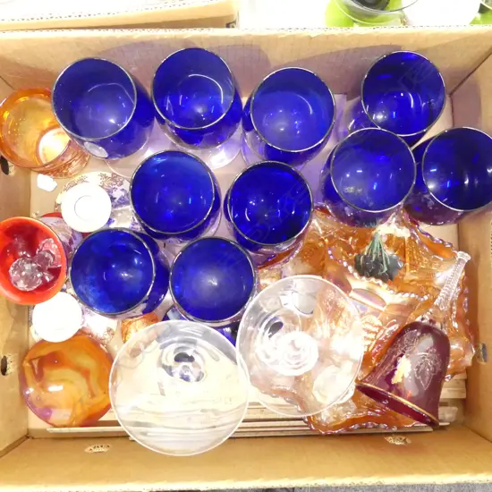 BLUE WINE GLASSES, 4 PCES CARNIVAL GLASS, RULERS ETC