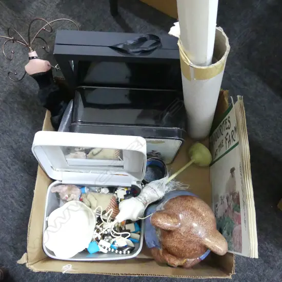 BOX LOT; INCLDS BELLEEK DISH, VINTAGE TOYS, 'ETHNIC LOOK' COSTUME JEWELLERY + STANDS & DISPLAY CASE, BEAR COOKIE JAR ETC