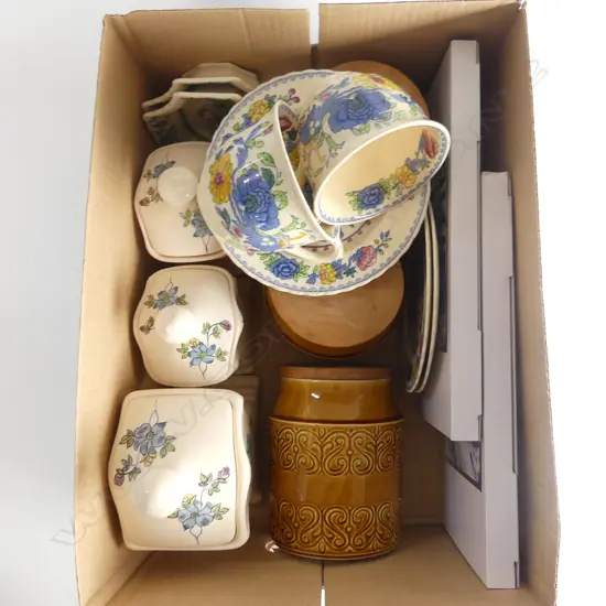 ASST. CERAMICS; 2 SETS OF 3 KITCHEN CANISTERS, 7 PCES MASONS, PR ROYAL DELFT TRAYS 160x240mm