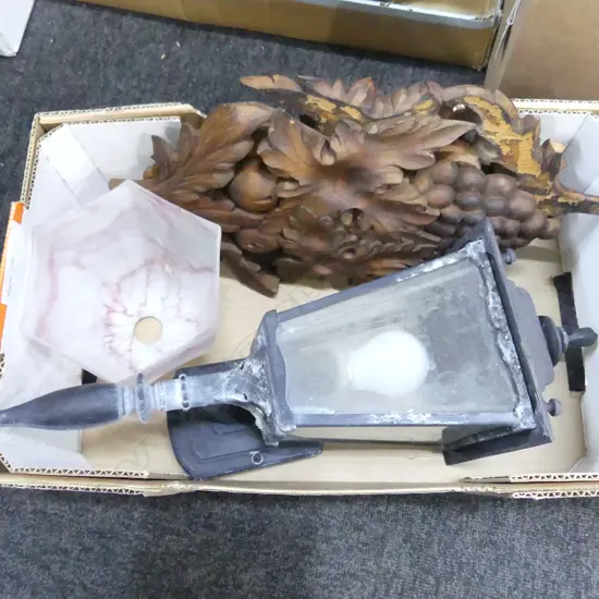 3 WOOD CARVINGS, LANTERN, GLASS SHADE