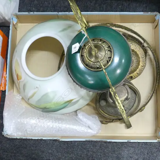 VICTORIAN HANGING KEROSENE LAMP, GILDED BRASS & DELICATE HANDPAINTED LILIES TO SHADE, NEEDS ASSEMBLY