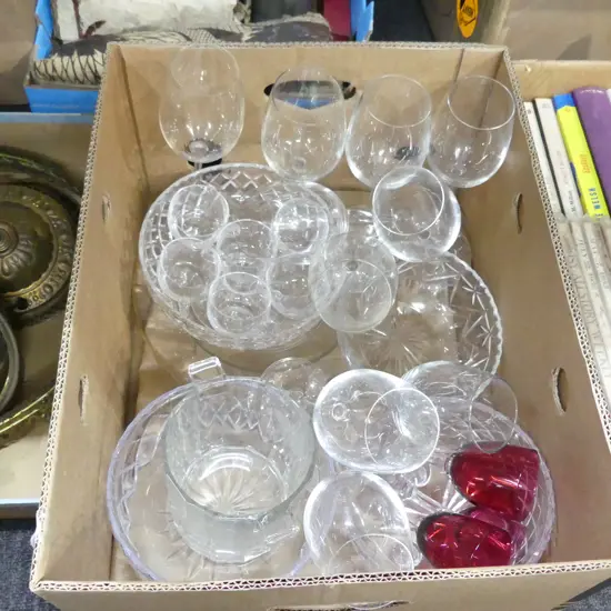 BOX LOT CRYSTAL BOWLS  LEONADO WINE GLASSES ICE BUCKET & 3 CRANBERRY GLASSES