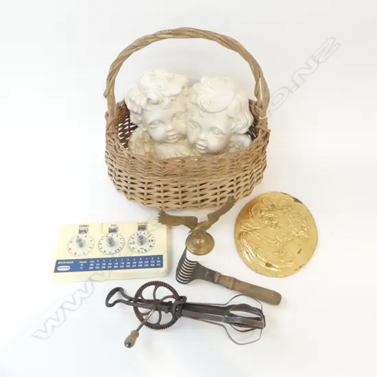 BASKET w ANGEL WALL PLAQUE, EGG BEATER ETC