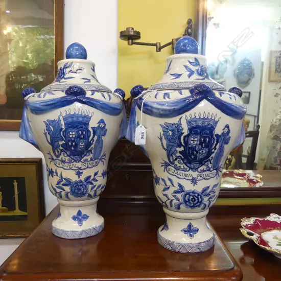 PAIR OF REPRODUCTION LIDDED  APOTHECARY JARS IN THE DUTCH MANNER. H. 450mm