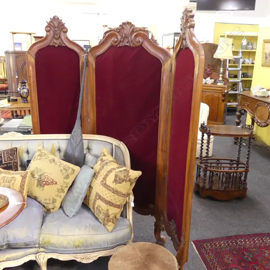 LG CARVED WOODEN 3 PANEL SCREEN; MAROON VELVET INSET H.1830mm