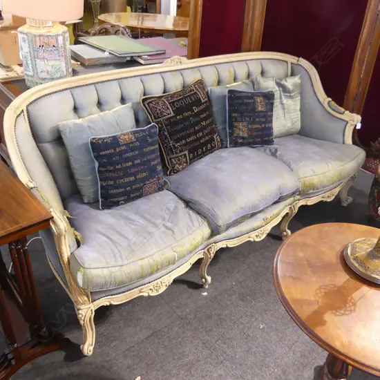 FRENCH STYLE BUTTON BACK SOFA - BLUE UPHOLSTERY WORN