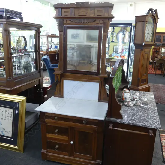 LATE VICTORIAN BURR WOOD AND MAPLE WASH STAND WITH MARBLE AND MIRROR BACK H 1860 MM