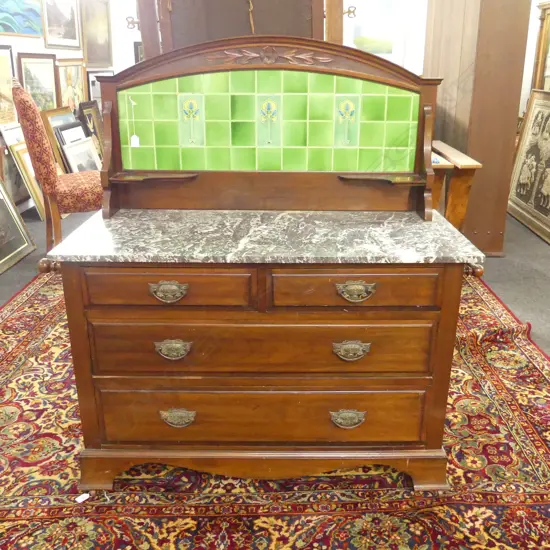LATE VICTORIANART NOUVEAU MARBLE AND TILED BACK WASHSTAND 1070mm x 485mm x 1260mm