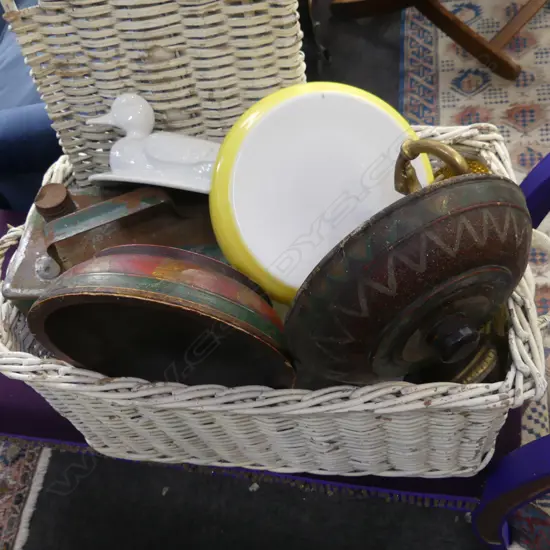 WHITE PAINTED WICKER BOX w. 2 WHITE CERAMIC ANIMAL TUREENS, WOODEN LIDDED CONTAINER, PETROL CAN ETC