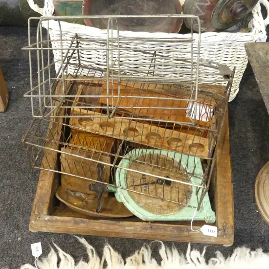 OLD WOODEN TRAY, EGG TRAYS, SCALES, WIRE RACKS ETC