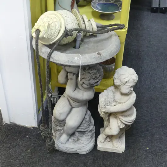 3 GARDEN PCES; CONCRETE BIRD BATH / FOUNTAIN H.630mm, FIGURE, ARTWORK