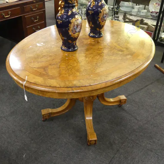 VICTORIAN BURR WALNUT OVAL TABLE CATHEDRAL BASE (minor faults) 1280x950x740mm