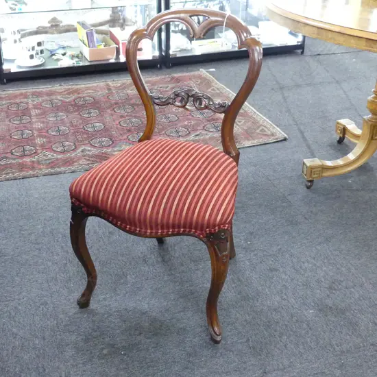 VICTORIAN MAHOGANY BALLOON BACK DINING CHAIR - RED STRIPED UPHOLSTERY