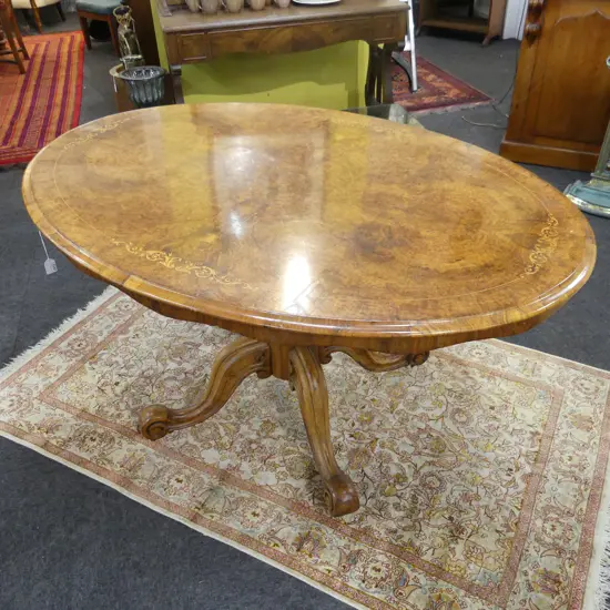 VICTORIAN WALNUT INLAID LOO TABLE W 1350 MM BOLT NEEDS ATTENTION