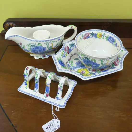 5 PCES MASONS REGENCY; SAUCE BOAT, 2 DISHES, EGGCUP & TOAST RACK
