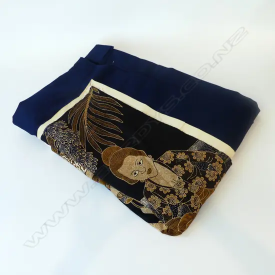 LARGE HANDMADE JAVANESE BATIK PANEL MULTI FIGURES VILLAGE LIFE 900 x 2850mm signed ANTO AS YOGUE? On blue backing (2)