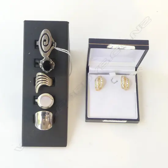 SILVER MARCASITE & ONYX RING + 4 SILVER designer RINGS + PR COSTUME EARRINGS