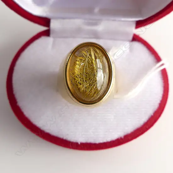 18ct GOLD PLATED RING w CENTRAL YELLOW GLASS STONE, SIZE S