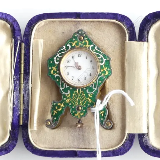 ANTIQUE MINIATURE GUILLOCHE ENAMEL SWISS DRESSING TABLE CLOCK BREVET D.R.G.M in folding case 
