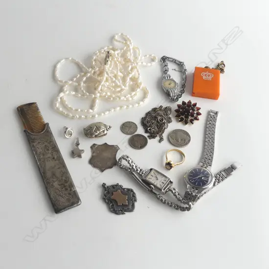 ASST COSTUME JEWELLERY + SILVER CASED COMB + PEARL NECKLACE + LADIES WATCHES ETC