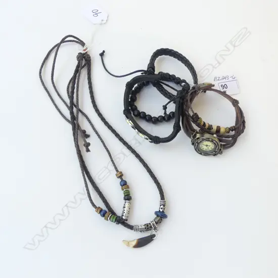 BOHEMIAN LEATHER PLATED NECKLACE & 4 BRACELETS