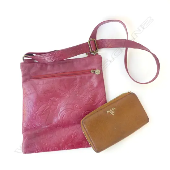 RED EMBOSSED LEATHER BRIARWOOD HANDBAG 280x260mm + BROWN LEATHER PRADA WALLET 200x110mm