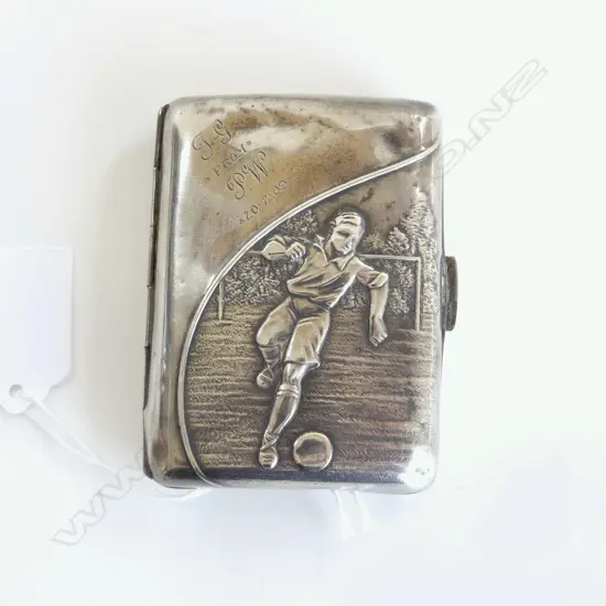 EDWARDIAN SILVER FOOTBALL (SOCCER) THEMED CIGARETTE CASE dents to back. Birmingham 1907. 53gms