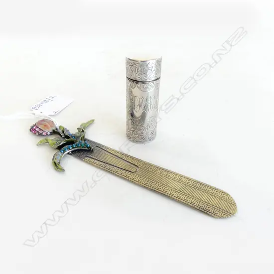 ENAMELLED FLOWER BOOKMARK L.150mm BOXED + STG SILVER BOTTLE, B'HAM 1894 H.60mm