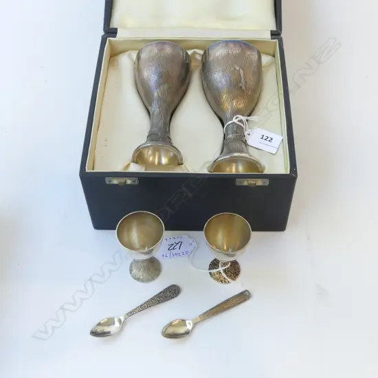 6 PCES S/SILVER; 2 GOBLETS H130mm, 2 EGG CUPS, 2 SPOONS 550gms