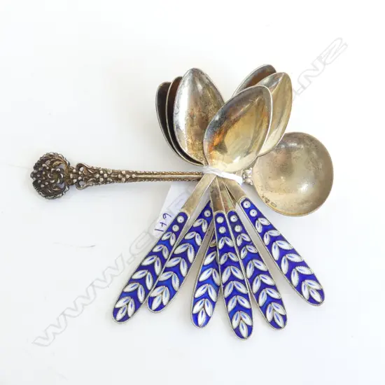 6 RUSSIAN SILVER & ENAMEL COFFEE SPOONS 98GRMS& RUSSIAN SILVER JAM SPOON 29GRMS