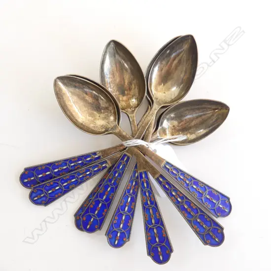 8 RUSSIAN SILVER & ENAMEL TEA SPOONS 183GRMS