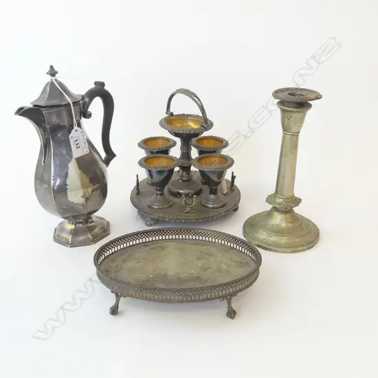 4 PCES SILVER PLATE; OSP OVAL TRAY 125x185mm, CHOCOLATE POT, CRUET, CANDLESTICK 
