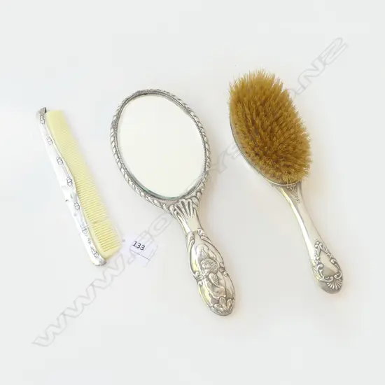 3 PCES STG SILVER; HAND MIRROR, HAIR BRUSH & COMB