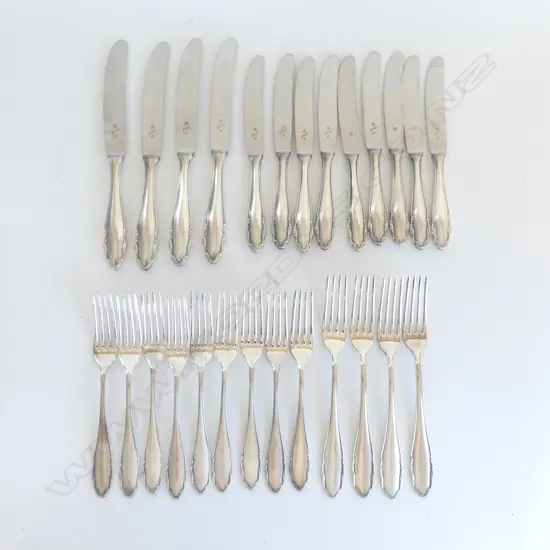 WMF GERMANY 26 KNIVES & FORKS (13 KNIVES & 13 FORKS) SILVER PLATED HANDLES