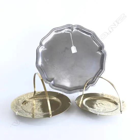 SILVER PLATE TRAY w SCALLOPED EDGES & 2 BRASS PLATES w HANDLES & HANGING MECHANISMS ON BACK