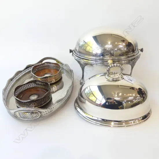 5 PCES SILVER PLATE; BACON WARMER, DOME, PR WINE COASTERS, TRAY 260x370mm