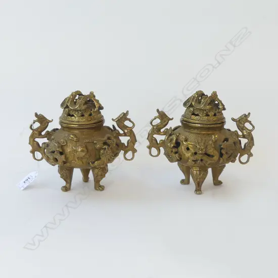 PR  BRASS CHINESE INCENSE BURNERS DEPICTING DRAGONS