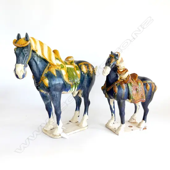 2 TANG STYLE HORSES, SANCAI GLAZE H.380mm chips