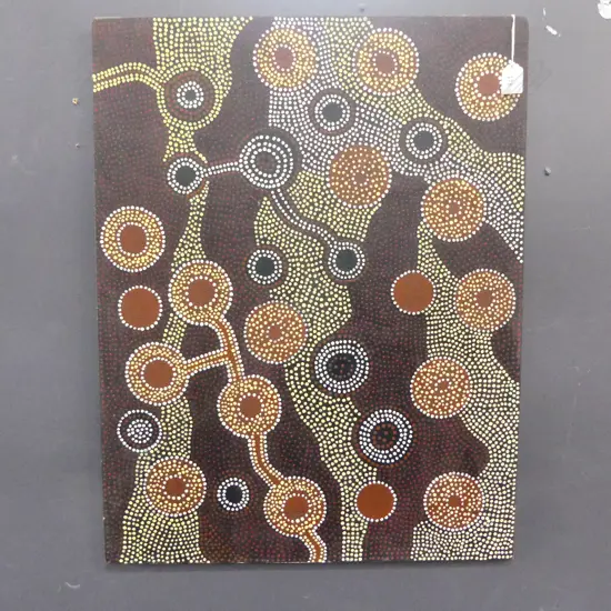 ARTIST UNKNOWN, ABORIGINAL DOT PAINTING, OIL ON BOARD 675x525mm