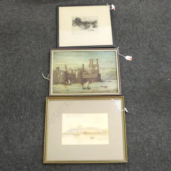 3 ARTWORKS; J. H. GRAINGER 'CARNARVON CASTLE' OIL, F. SEYMOUR HADEN ETCHING, G. H. POWNALL WINDSOR CASTLE WC 155x230mm